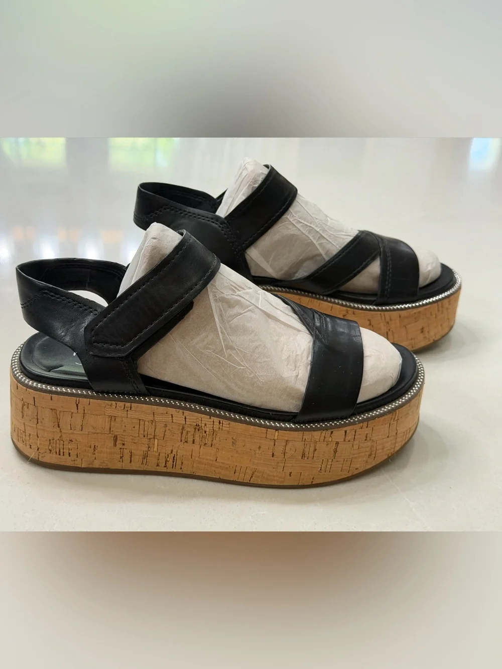 Franco Sarto Ozio Black Cork Platform Wedge Sandals Studded 8M Boho